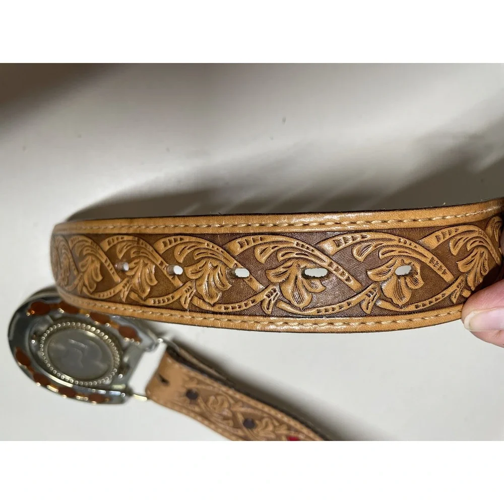 Vintage Western Leather tooled  belt horseshoe USA Dollar Coin  Buckle Sz 32